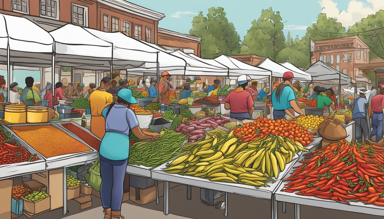 A bustling farmers' market with colorful chili peppers, vinegar, and spices piled high on Melinda's hot sauce booth