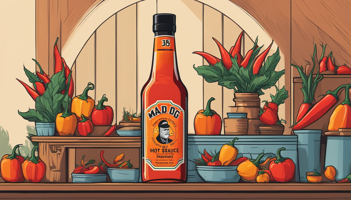 A bottle of Mad Dog 357 hot sauce stands proudly on a shelf, surrounded by fiery red peppers and bold, vibrant branding