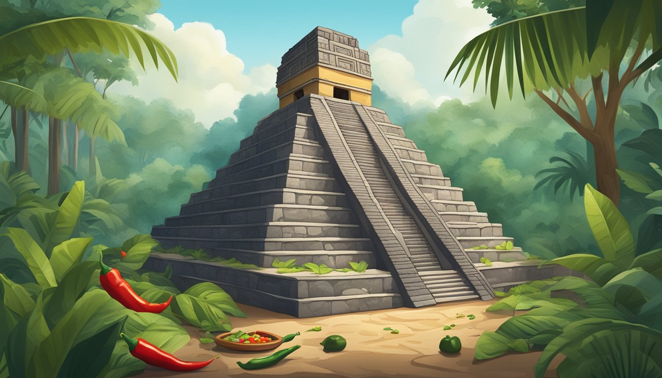 A Mayan temple surrounded by lush jungle, with a traditional stone mortar and pestle, and chili peppers scattered around