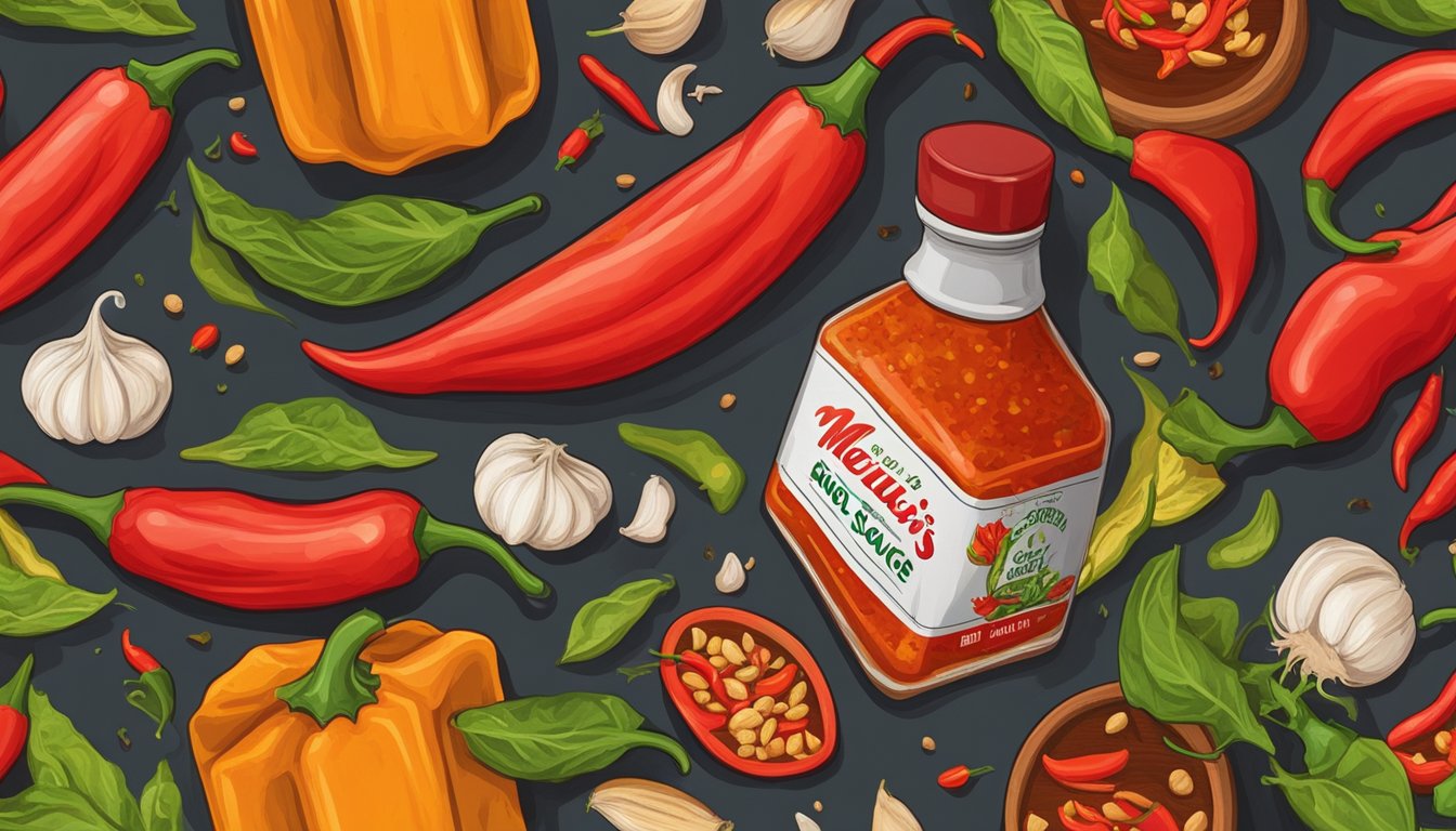 A bottle of Melinda's hot sauce surrounded by vibrant chili peppers and garlic cloves on a wooden cutting board