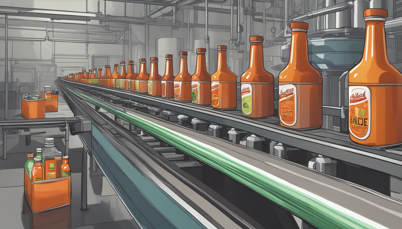 Melinda's hot sauce being bottled on a conveyor belt in a factory. Ingredients and machinery visible in the background