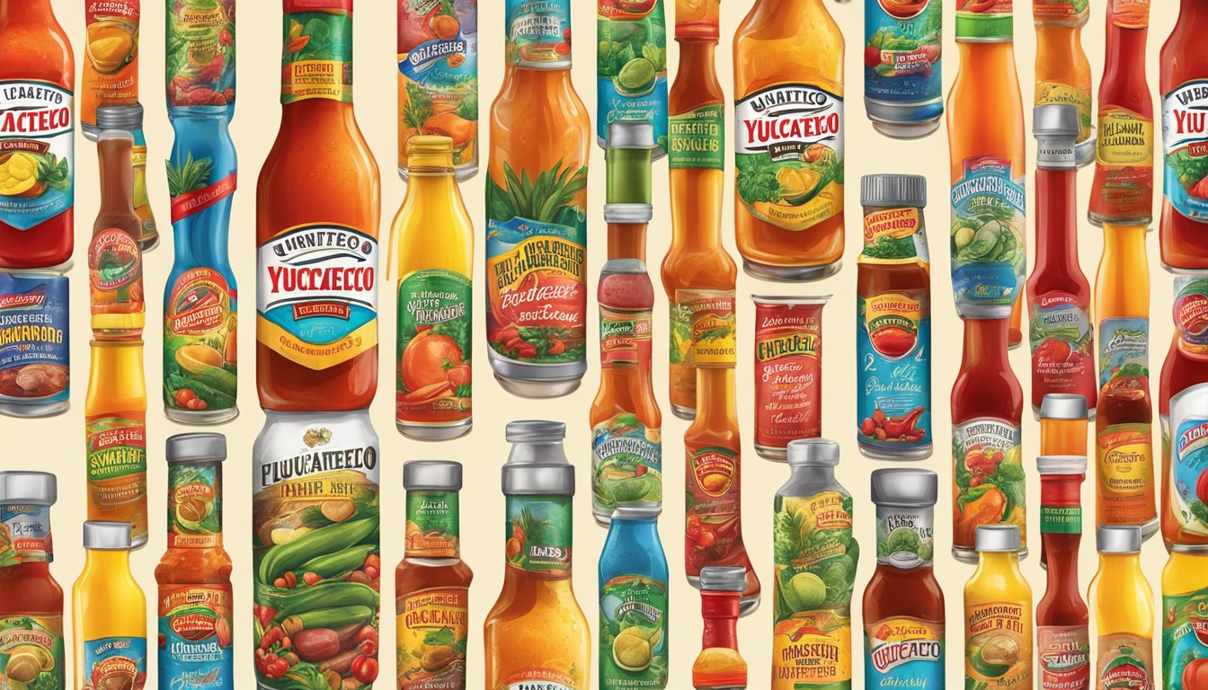 A variety of vibrant ingredients and spicy flavors surround bottles of El Yucateco hot sauce