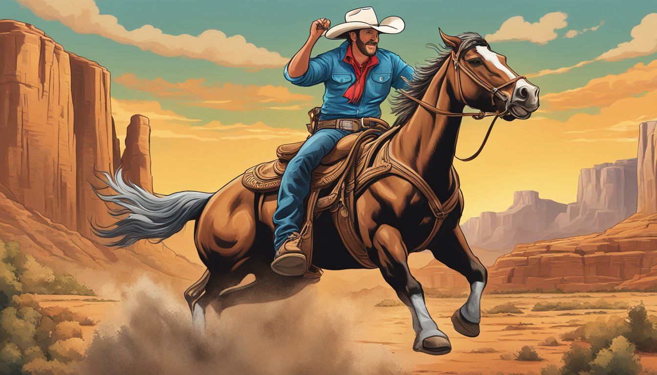 A cowboy riding a bucking bronco while holding a bottle of Texas Pete hot sauce