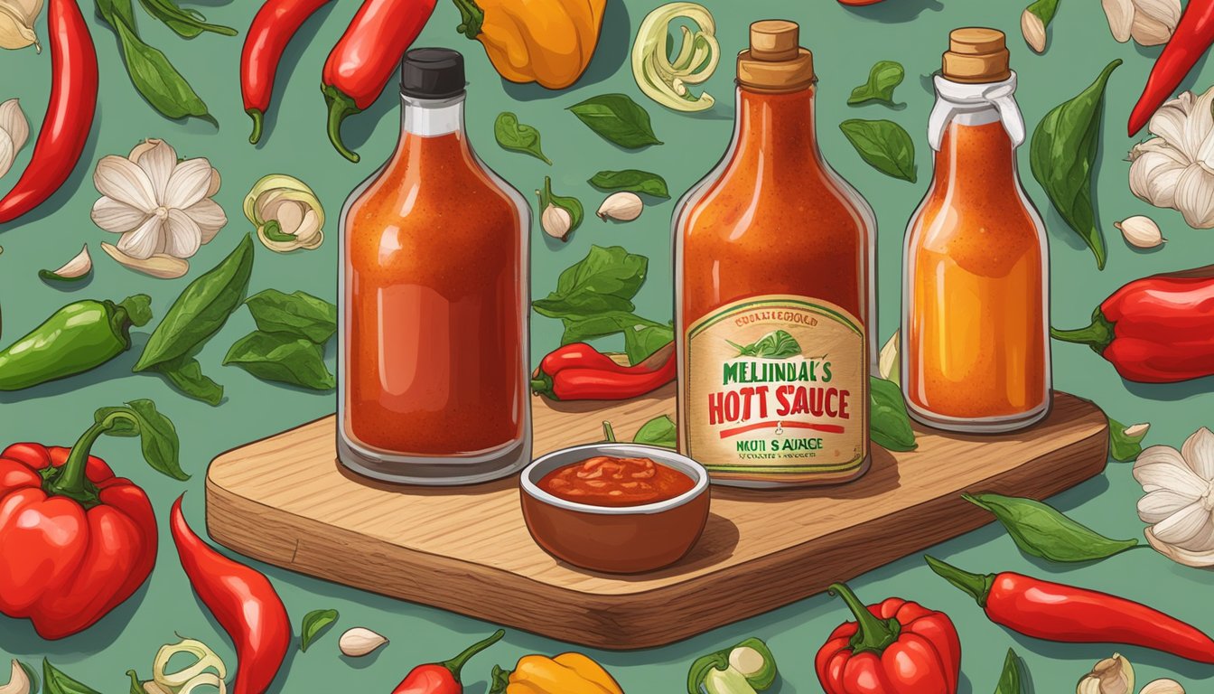 A bottle of Melinda's hot sauce surrounded by fresh chili peppers and garlic cloves on a wooden cutting board