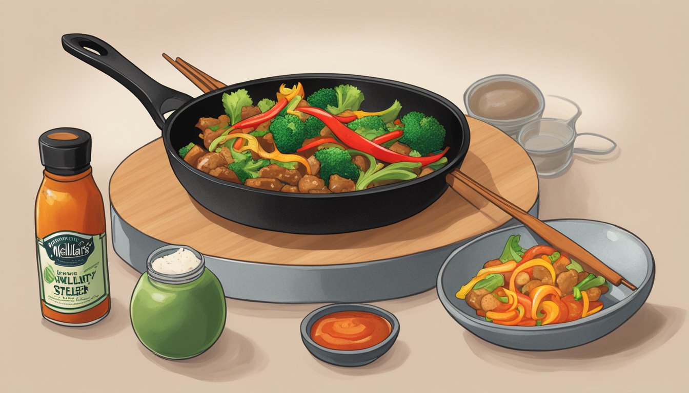 A sizzling skillet of spicy stir-fry with a bottle of Melinda's hot sauce nearby