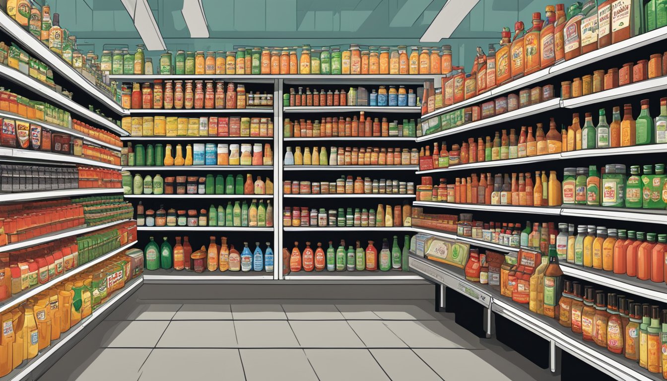 A bustling grocery store aisle with shelves stocked with various hot sauce bottles, including Melinda's brand