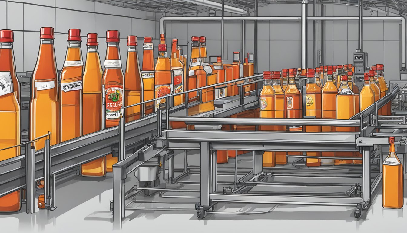 A factory conveyor belt moves bottles of Texas Pete hot sauce through the labeling and packaging process