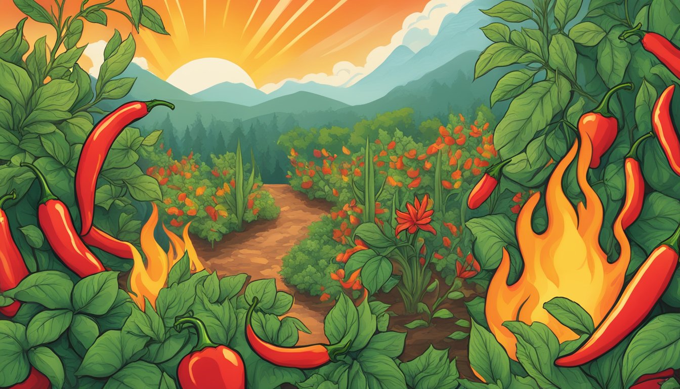 A vibrant garden with ripe chili peppers, fresh herbs, and fiery flames, symbolizing the bold and natural essence of Melinda's Hot Sauce brand philosophy