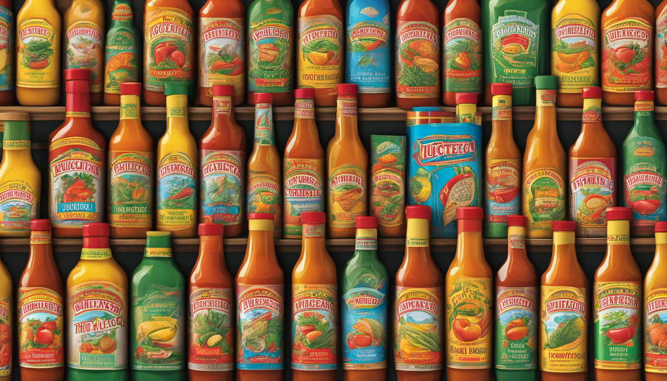 A display of various el yucateco hot sauce bottles, each with unique labels and packaging, arranged on a shelf in a specialty store