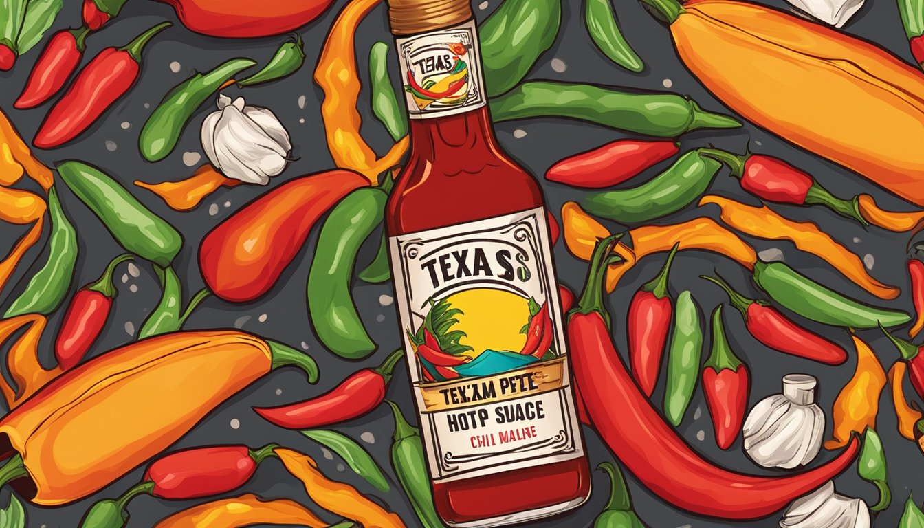 A bottle of Texas Pete hot sauce surrounded by chili peppers and flames