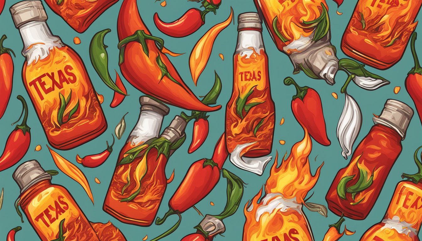 A bottle of Texas Pete hot sauce surrounded by fiery chili peppers and flames