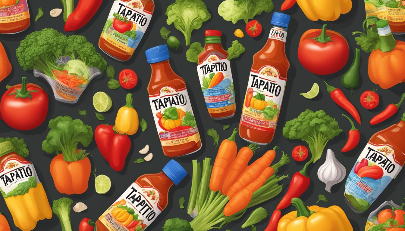 A bottle of Tapatio hot sauce surrounded by colorful fresh vegetables and a nutrition label