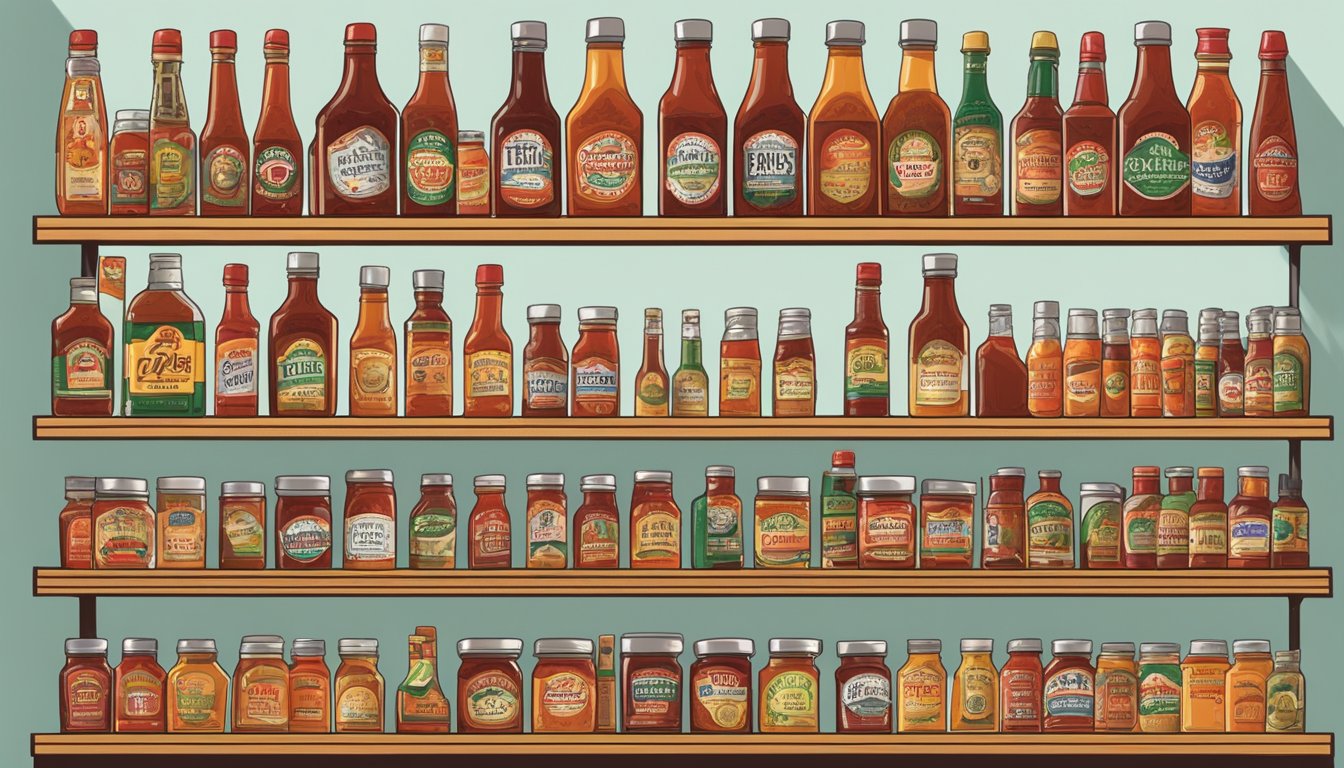 A shelf with rows of Texas Pete hot sauce bottles, neatly organized and preserved in a pantry