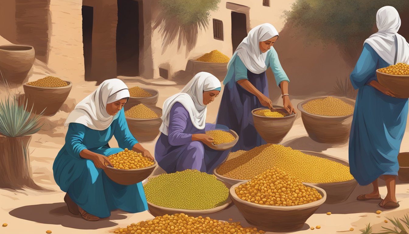 A traditional Moroccan village with women extracting oil from argan nuts using traditional methods