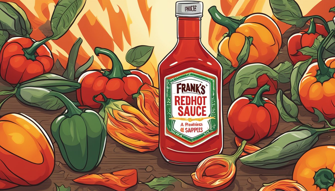 A bottle of Frank's RedHot hot sauce surrounded by red chili peppers and flames