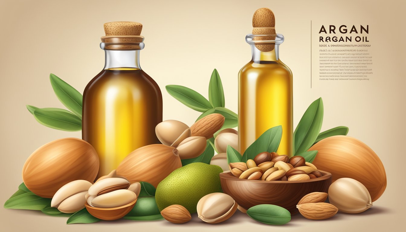 A bottle of cold-pressed argan oil surrounded by a variety of nuts, seeds, and fruits, emphasizing its nutritional benefits