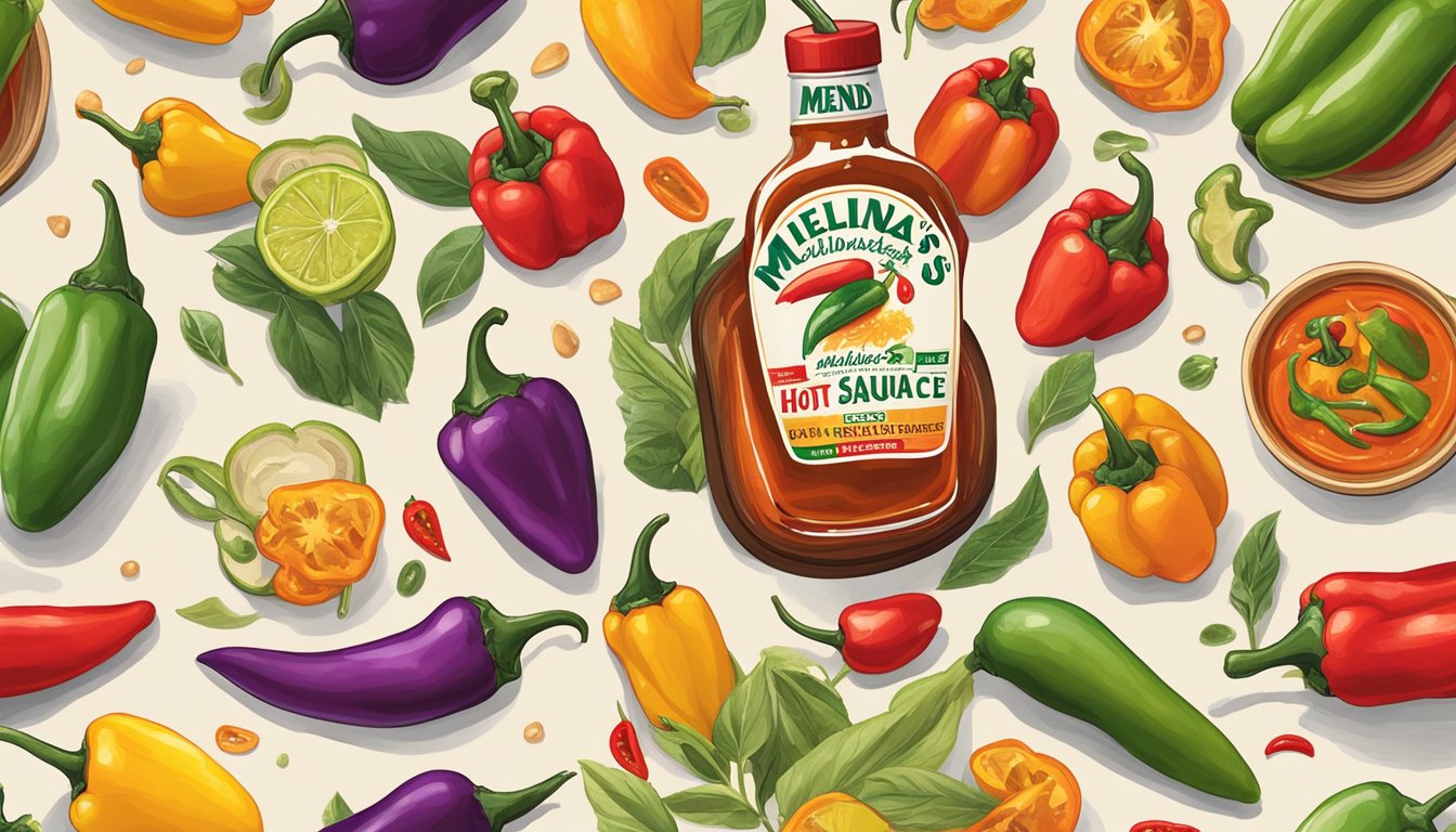 A table with a bottle of Melinda's hot sauce surrounded by colorful, spicy peppers and vibrant ingredients