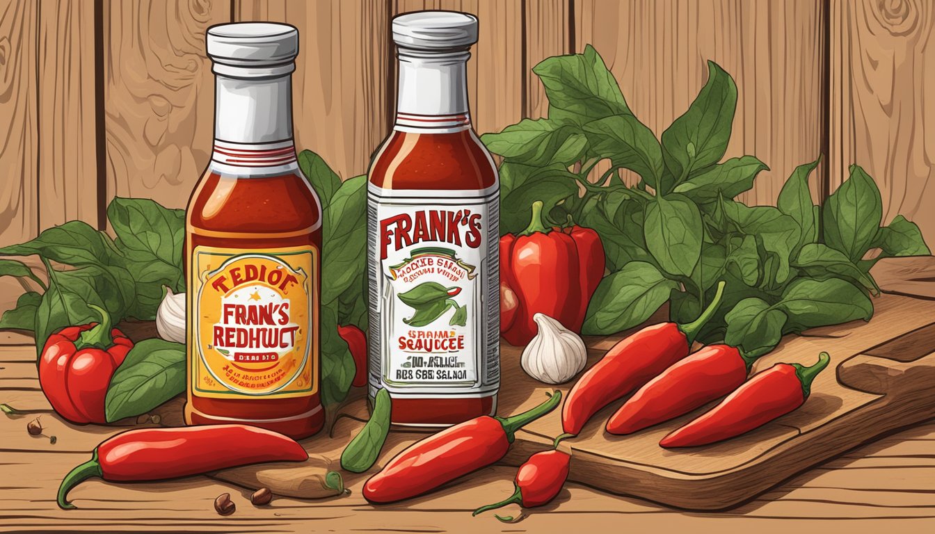 A bottle of Frank's RedHot Hot Sauce surrounded by fresh red chili peppers and garlic cloves on a wooden cutting board