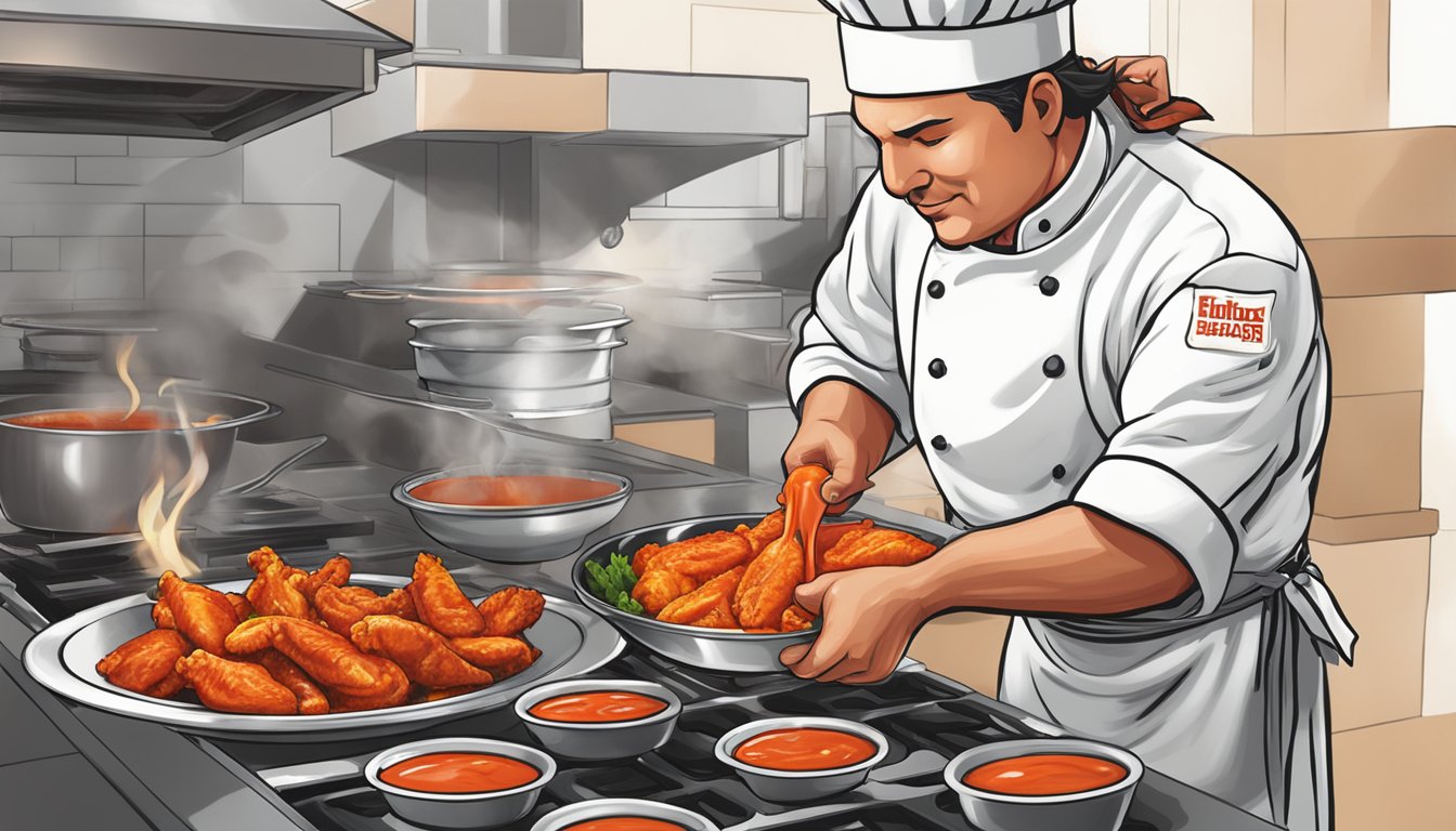 A chef pouring Frank's RedHot hot sauce onto a sizzling plate of buffalo wings