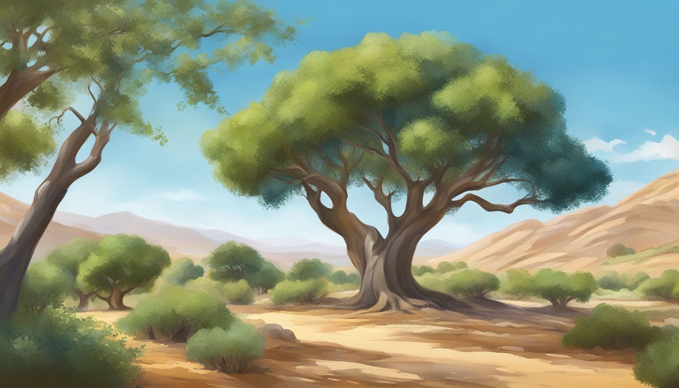 A serene landscape with an argan tree in the foreground, surrounded by lush greenery and a clear blue sky