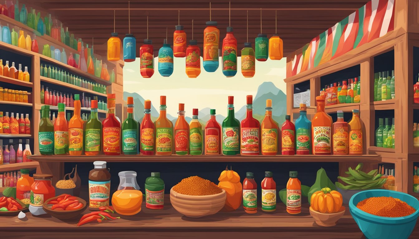 A vibrant Mexican market with colorful bottles of Valentina hot sauce on display, surrounded by traditional ingredients and spices