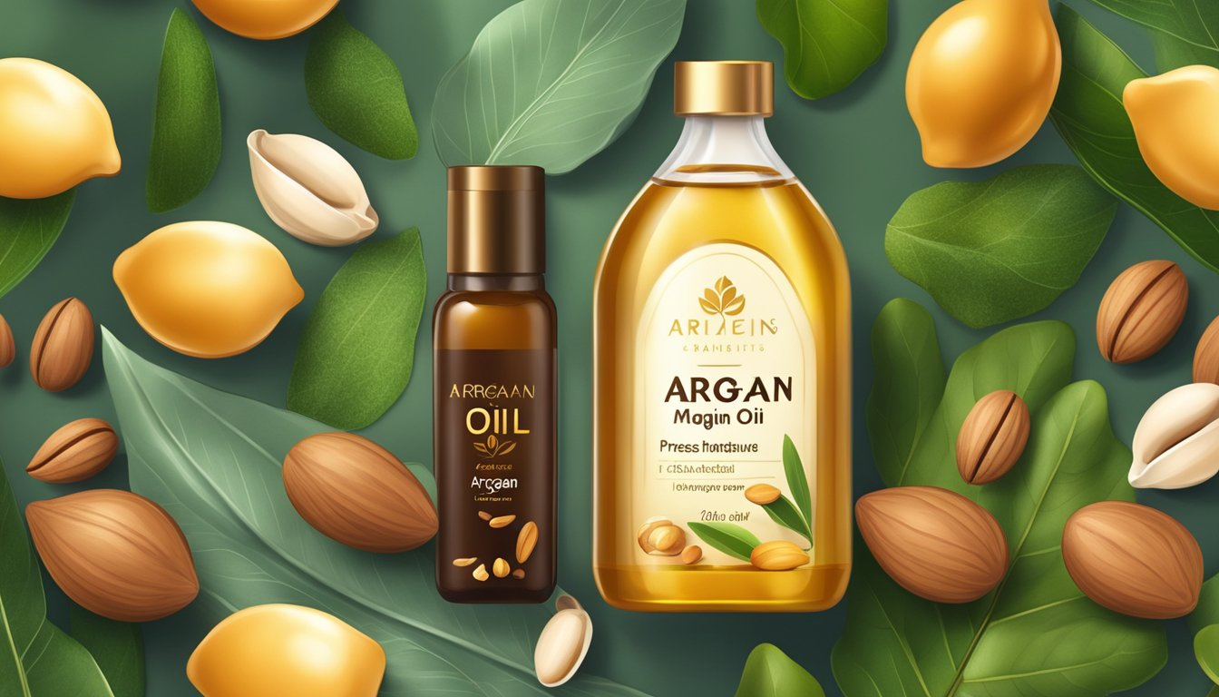 A bottle of cold pressed argan oil surrounded by natural elements like argan fruits, leaves, and nuts, with a soft warm light illuminating the scene