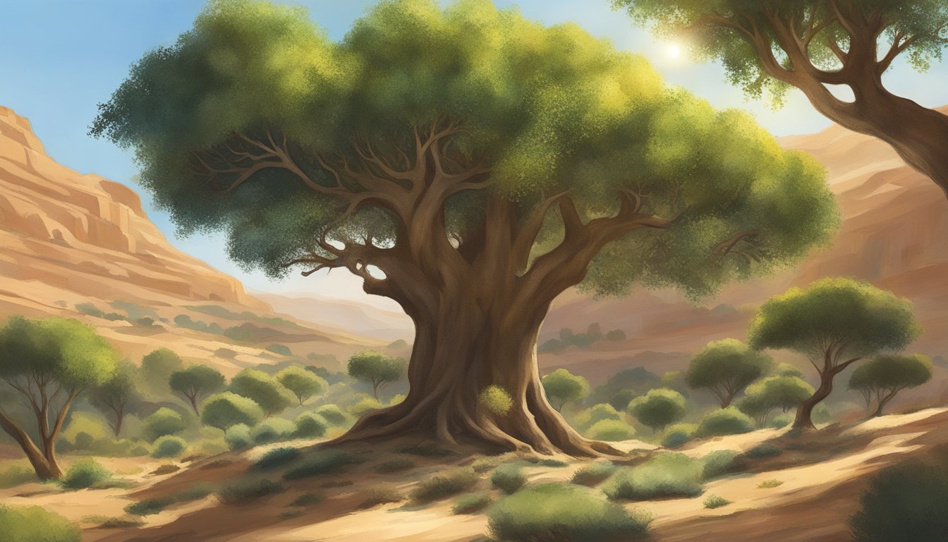 A lush argan tree stands tall in a Moroccan oasis, surrounded by vibrant greenery and clear streams. The sun shines down, highlighting the sustainable and eco-friendly process of cold pressing the argan oil