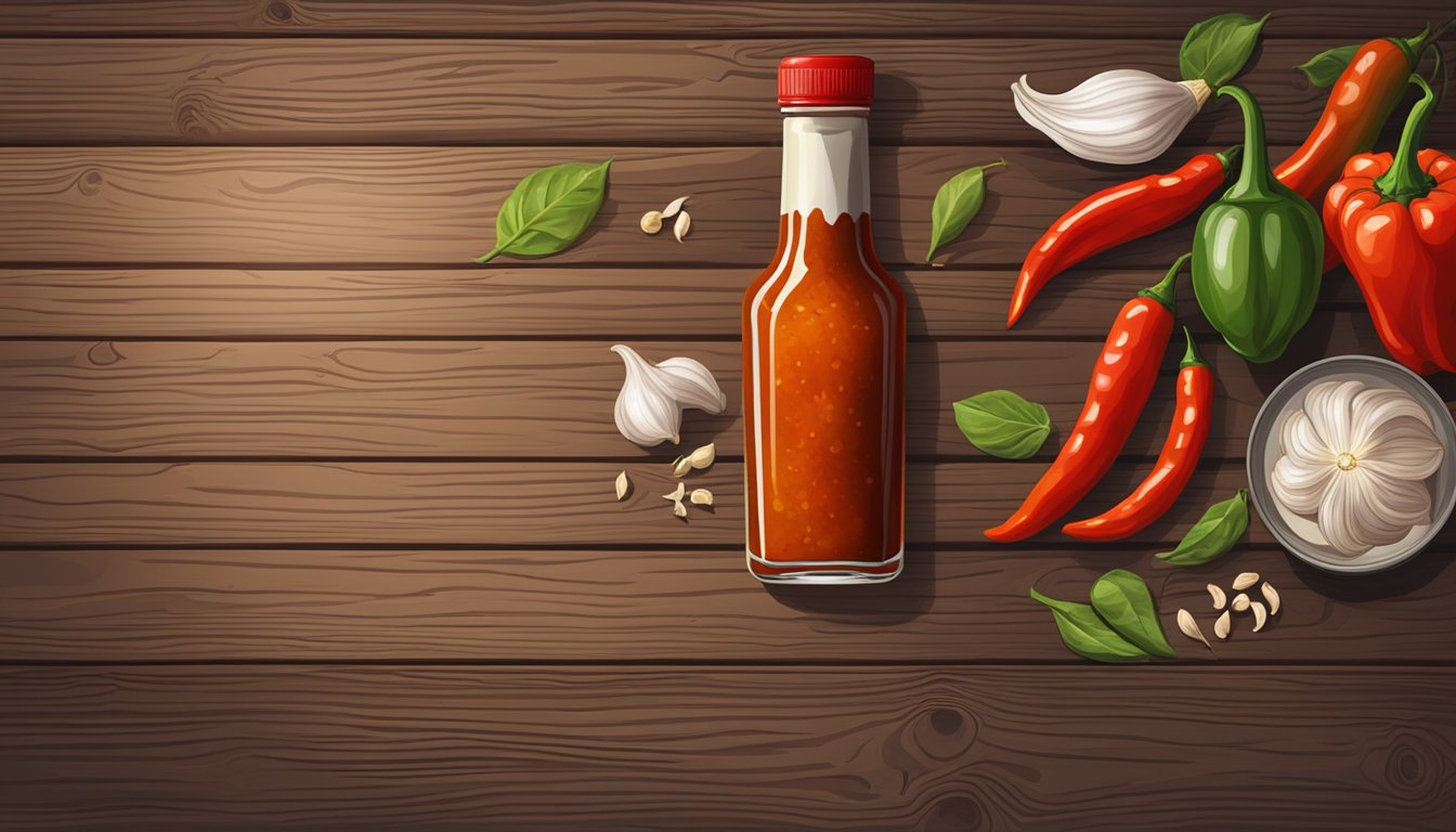 A bottle of Valentina hot sauce surrounded by chili peppers and garlic cloves on a rustic wooden table