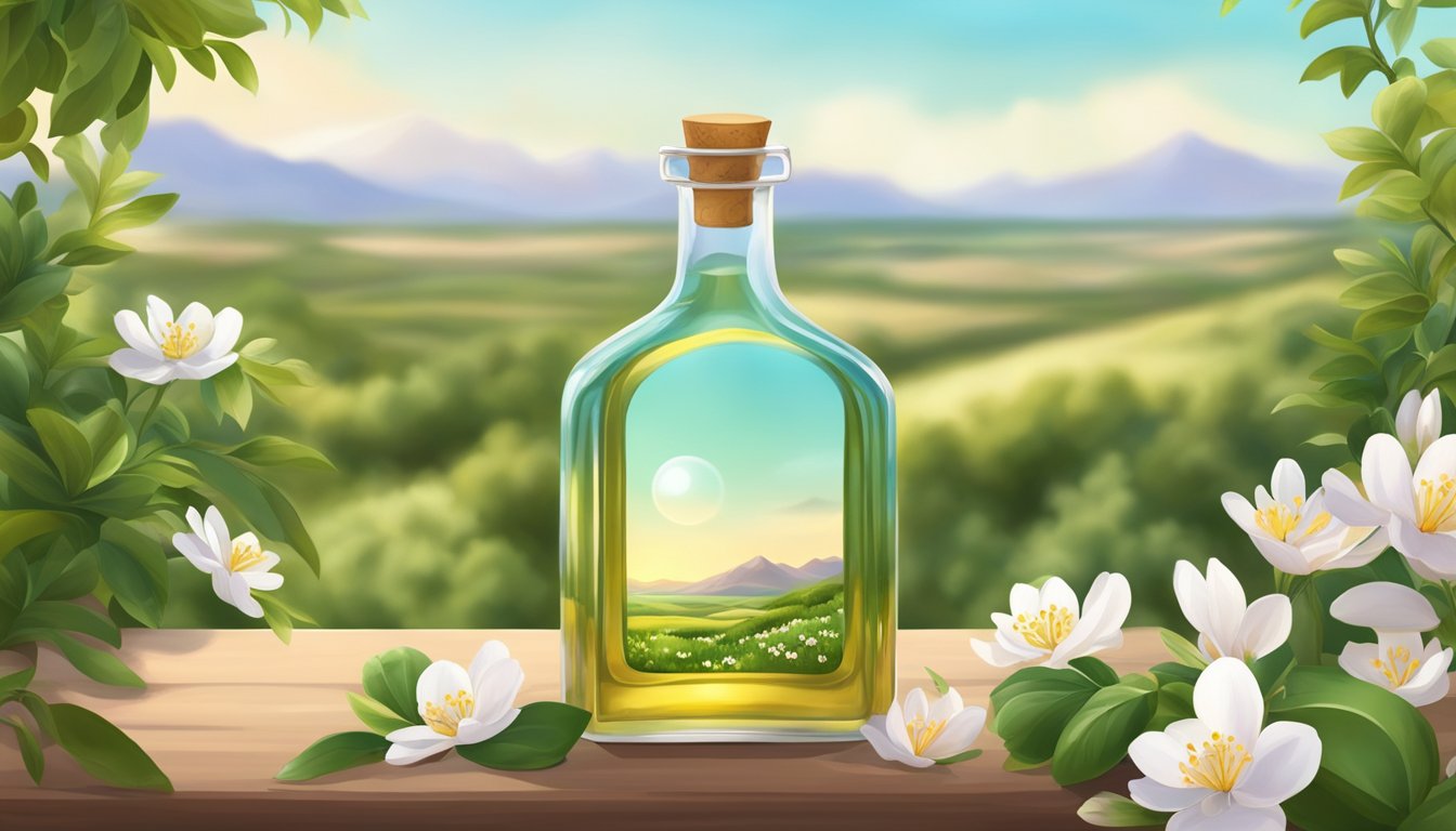 A serene landscape with a bottle of cold pressed argan oil surrounded by lush greenery and blooming flowers, evoking a sense of tranquility and well-being