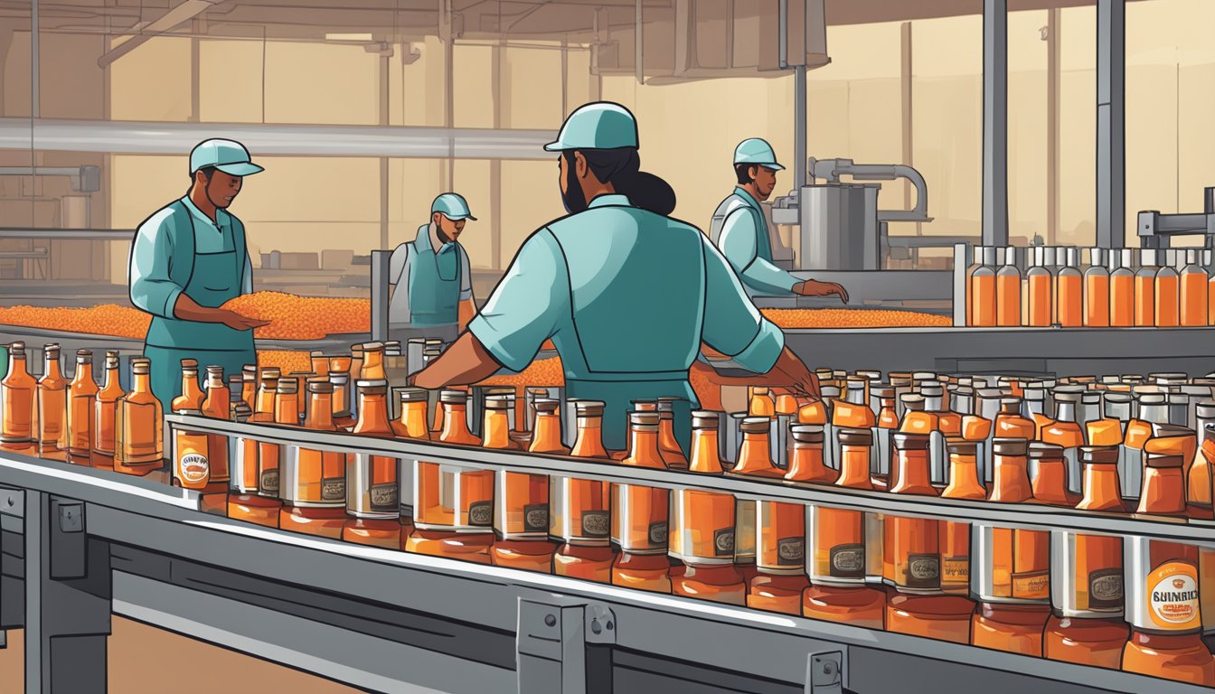 A factory conveyor belt moves glass bottles filled with Valentina hot sauce while workers oversee the production process