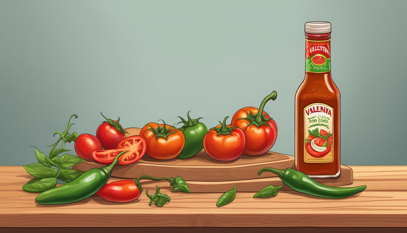 A bottle of Valentina hot sauce surrounded by fresh chili peppers and tomatoes on a wooden cutting board