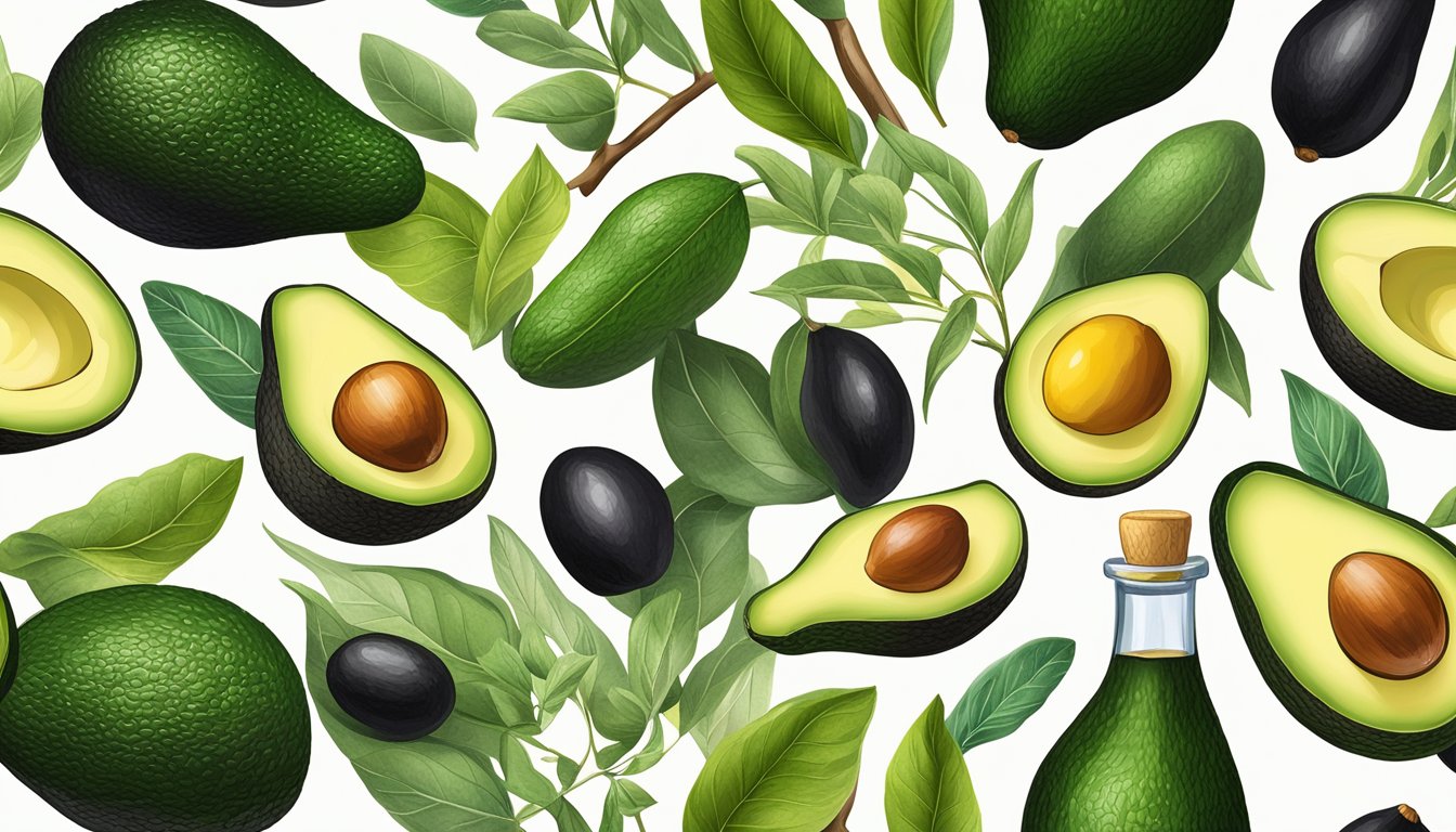 A bottle of cold pressed avocado oil surrounded by fresh avocados, olive branches, and a variety of colorful vegetables