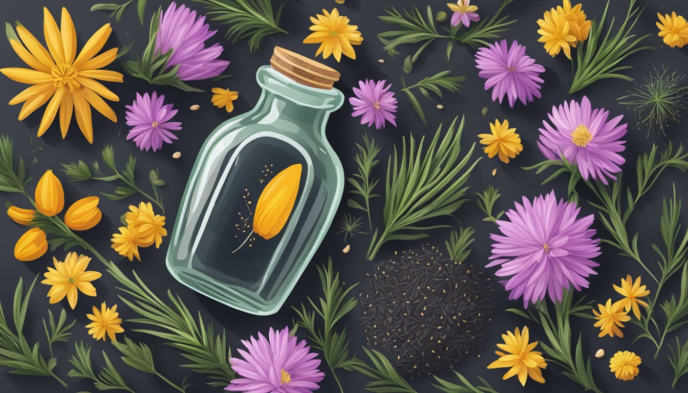 A glass bottle of black cumin oil surrounded by fresh cumin seeds and colorful plants, highlighting its health benefits