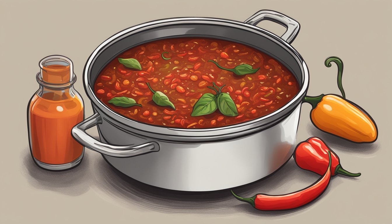 A steaming pot of chili with a bottle of Valentina hot sauce nearby