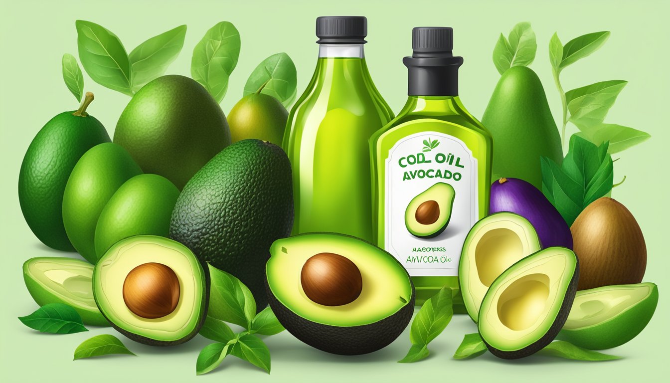 A bottle of cold pressed avocado oil surrounded by vibrant green avocados and fresh, ripe vegetables