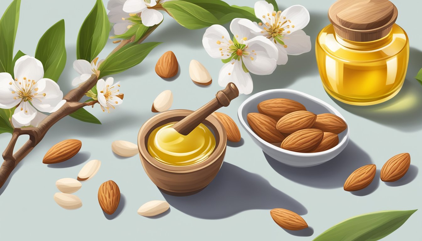 A bottle of cold pressed almond oil surrounded by almonds, almond blossoms, and a mortar and pestle