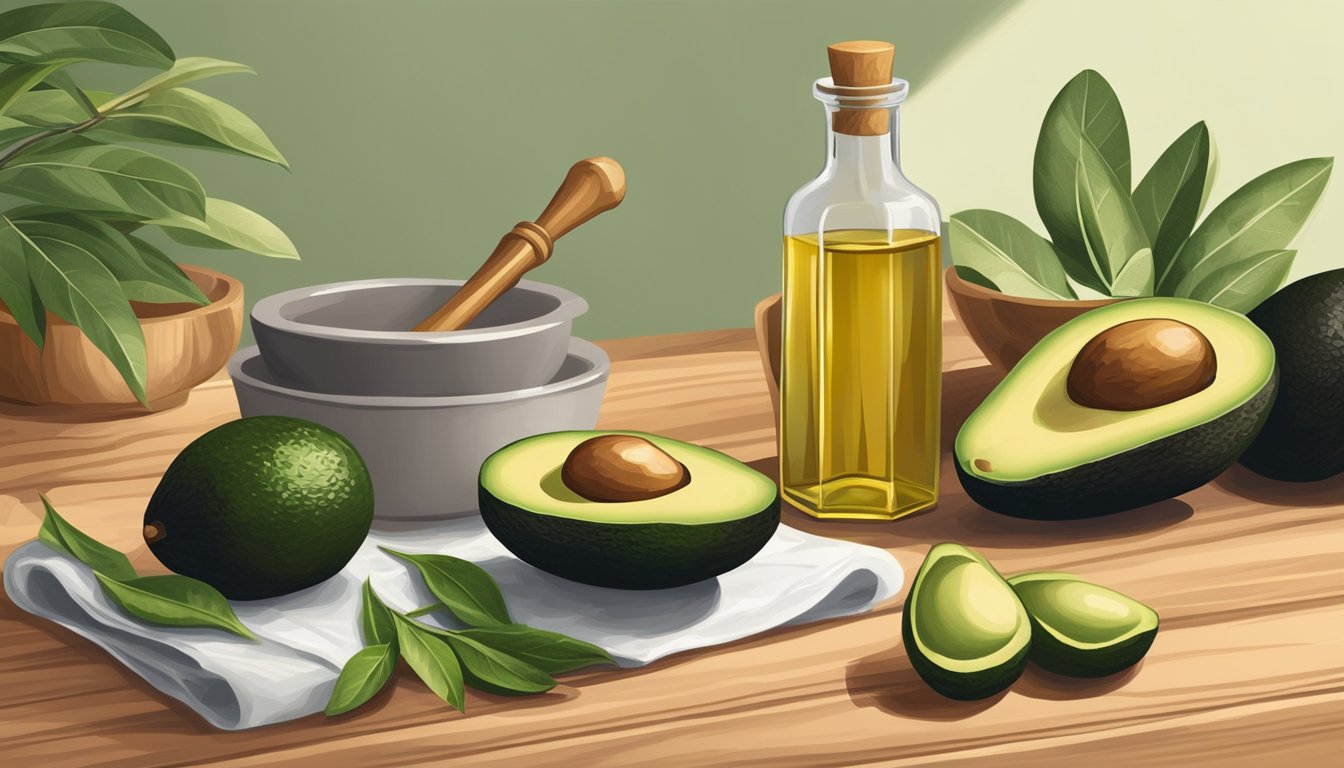 A bottle of cold pressed avocado oil surrounded by fresh avocados, olive branches, and a mortar and pestle on a wooden kitchen counter