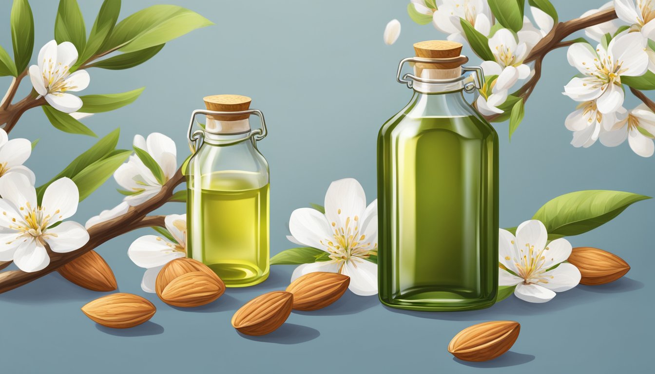 A glass bottle of cold pressed almond oil surrounded by fresh almonds and almond blossoms