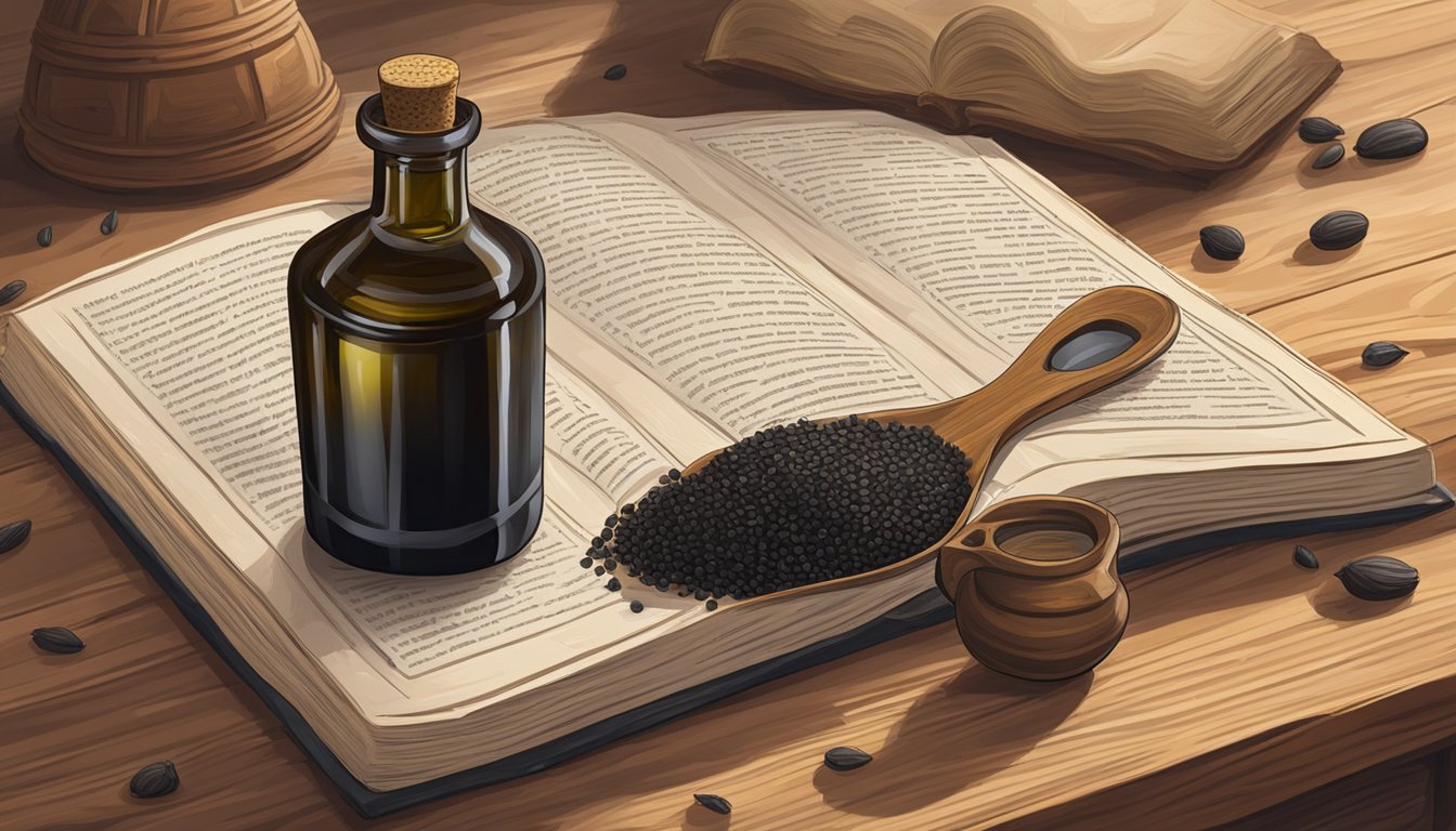 A bottle of cold pressed black cumin seed oil stands on a wooden table, surrounded by ancient texts and cultural artifacts