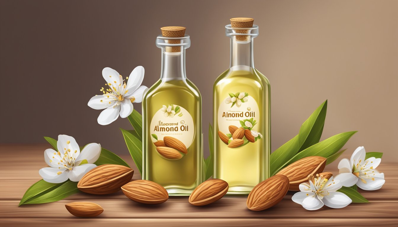 A glass bottle of cold pressed almond oil surrounded by fresh almonds and almond blossoms on a wooden table