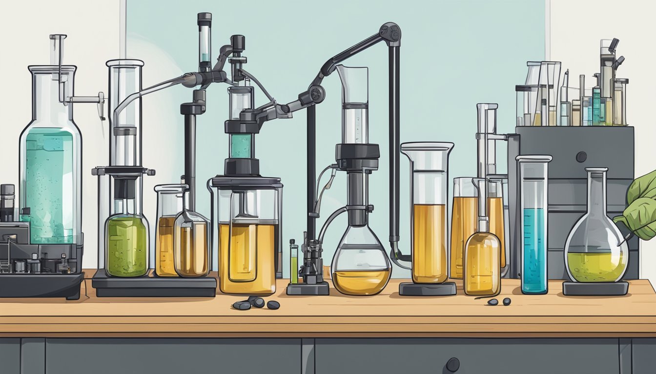 A lab setup with beakers, test tubes, and scientific equipment, with bottles of cold pressed black cumin oil being tested for health benefits