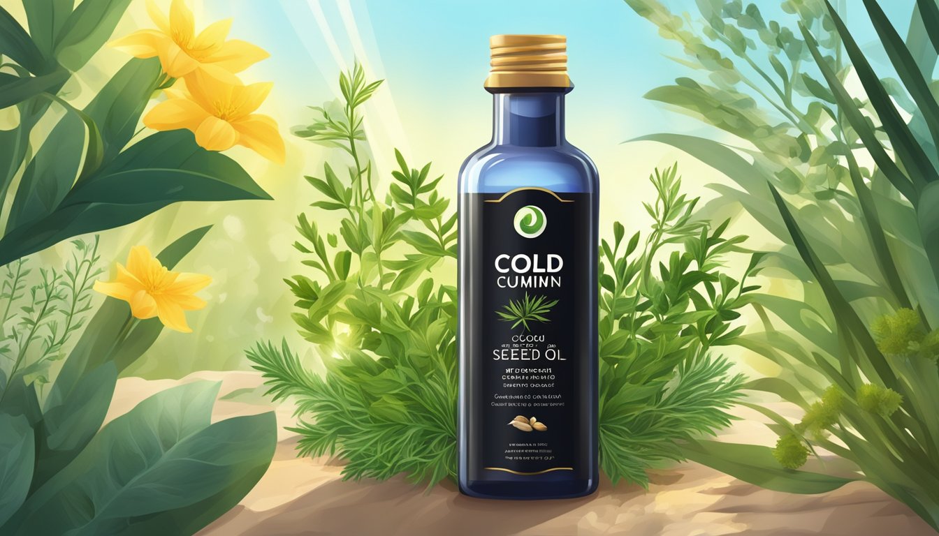 A bottle of cold pressed black cumin seed oil surrounded by various plants and herbs, with rays of sunlight shining down on it