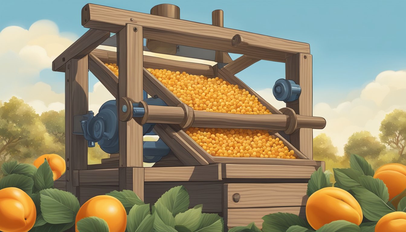 A wooden press extracting oil from apricot kernels, surrounded by ripe apricots and a clear blue sky