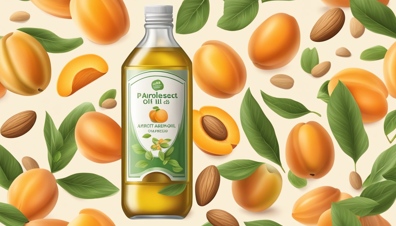 A glass bottle of cold pressed apricot kernel oil surrounded by fresh apricots and almonds