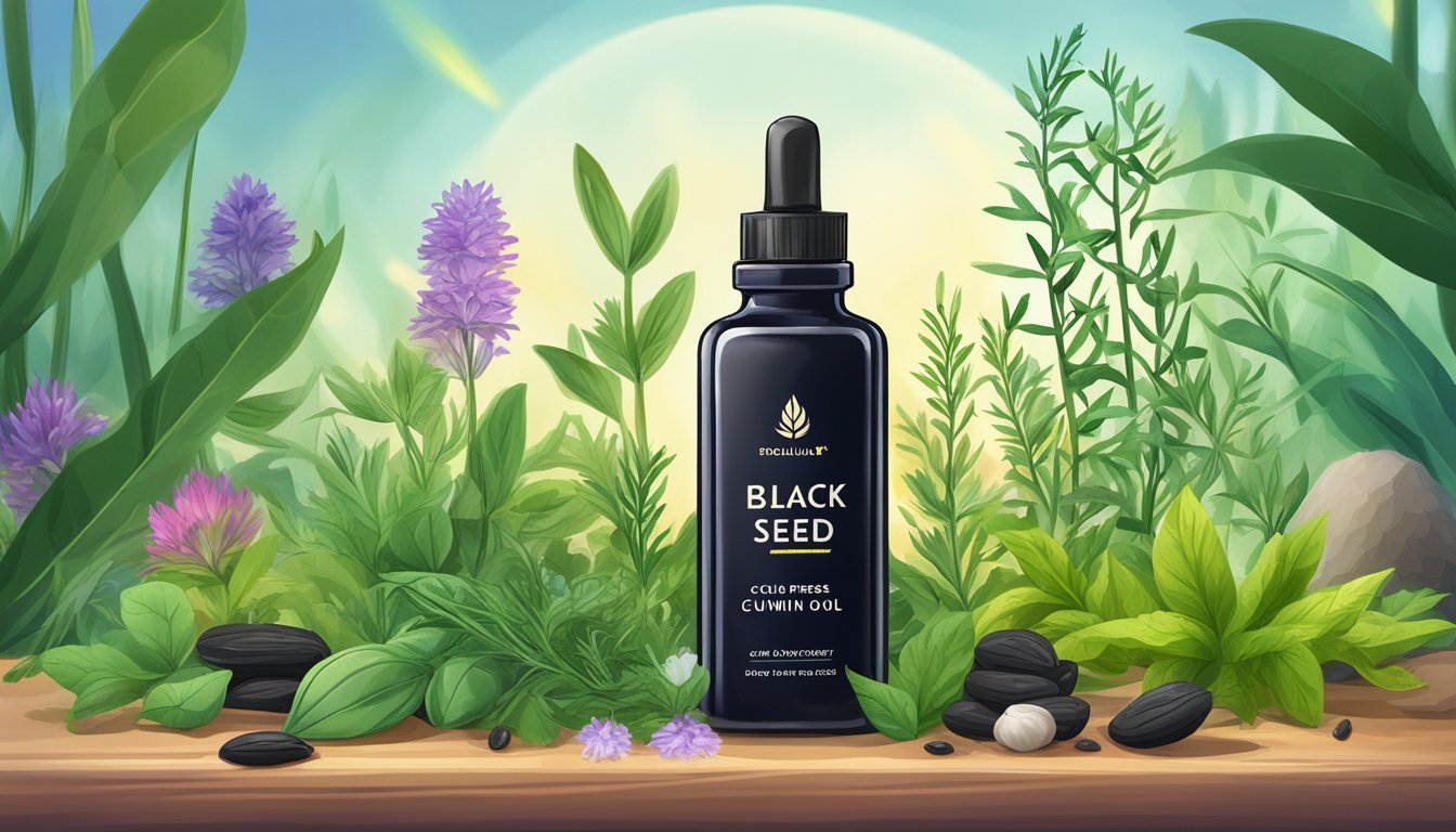 A bottle of cold pressed black cumin seed oil surrounded by various herbs and plants, with a glowing aura emanating from the bottle