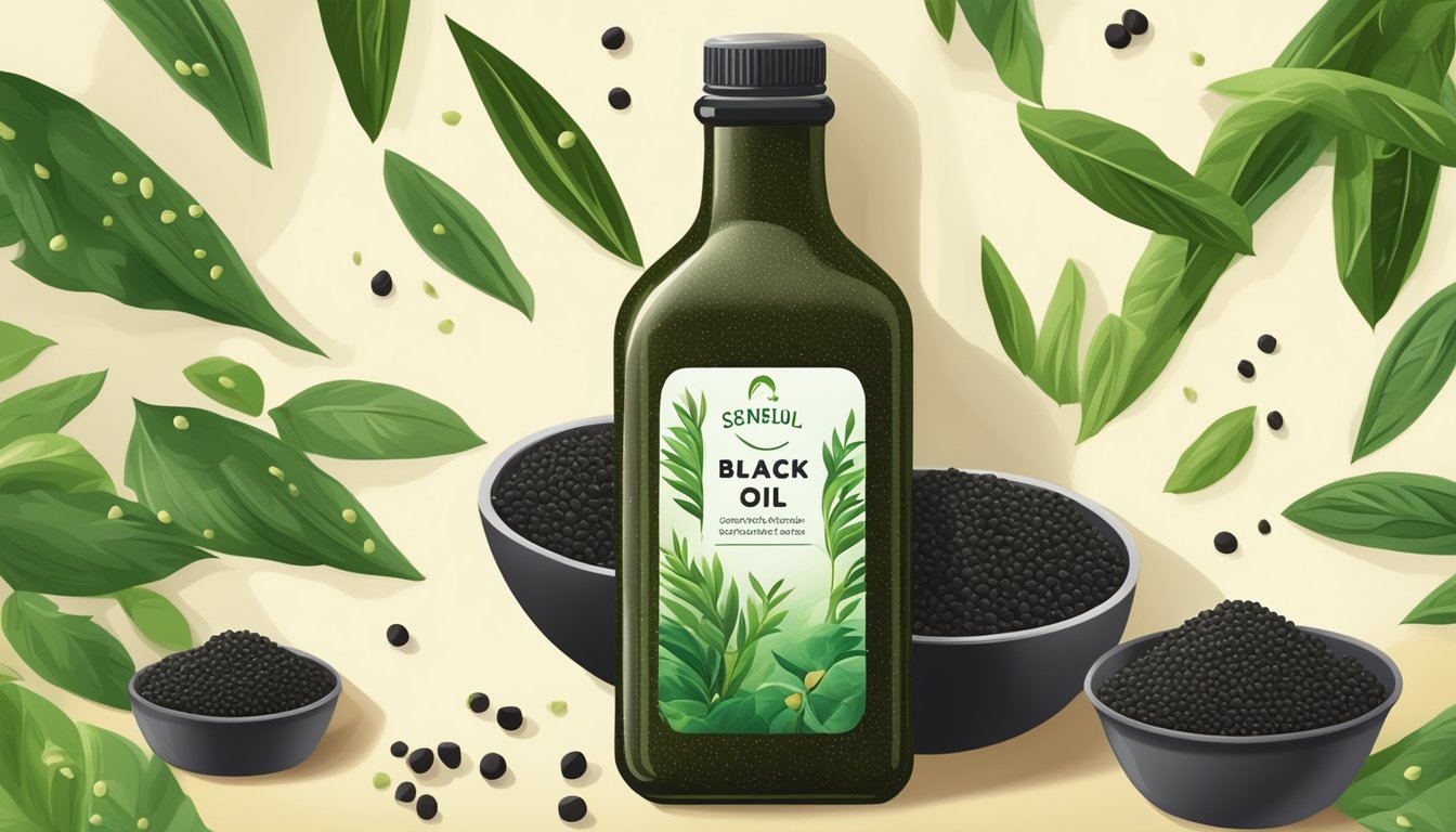 A bottle of cold pressed black sesame oil surrounded by sesame seeds, with a backdrop of lush green sesame plants under a bright sun