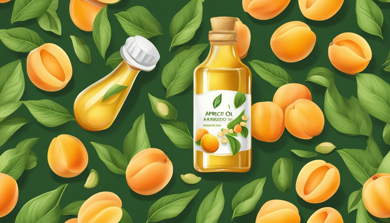 A bottle of cold pressed apricot kernel oil surrounded by fresh apricot fruits and green leaves