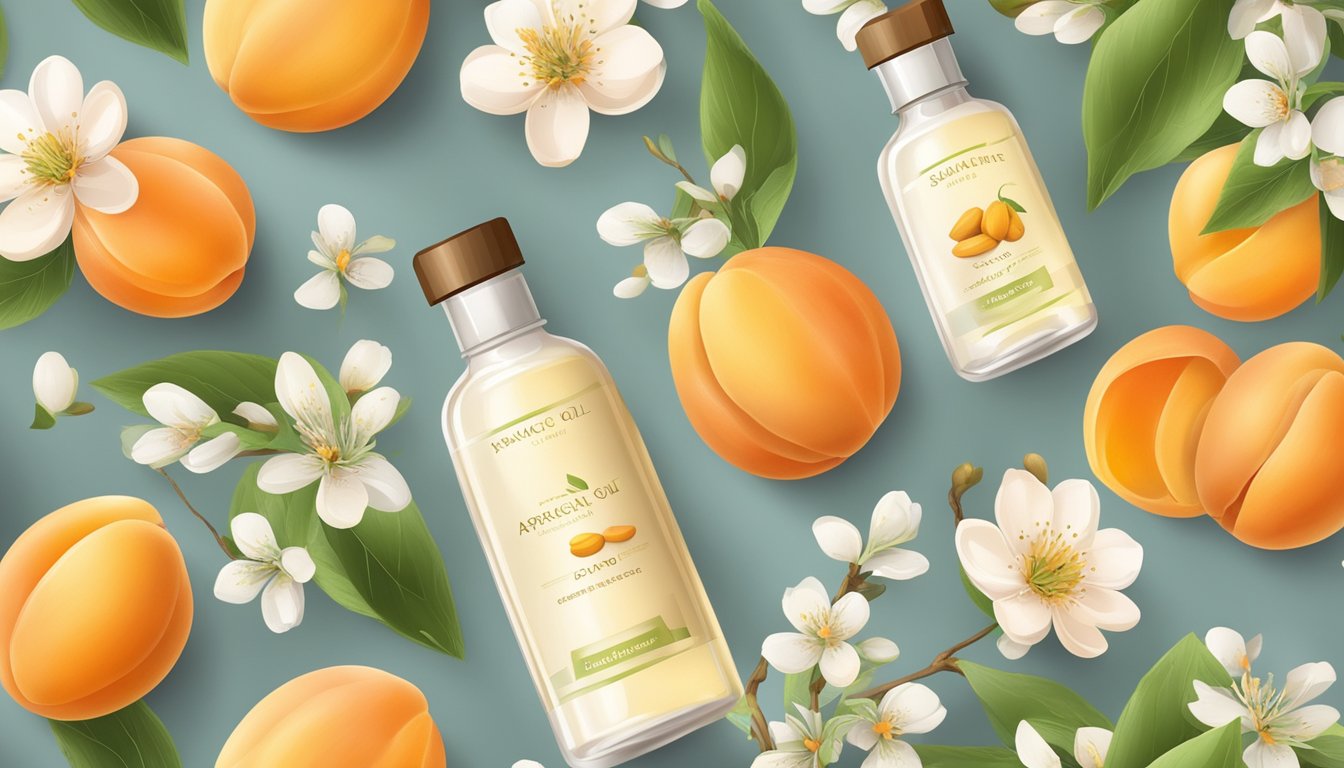 Aromatherapy bottles and massage tools surround a bottle of cold pressed apricot kernel oil, with fresh apricots and blossoms nearby