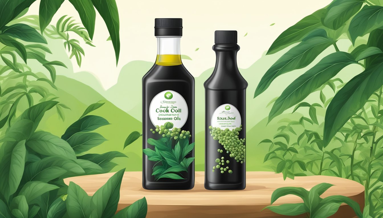 A bottle of cold pressed black sesame oil surrounded by sesame seeds, with a background of lush green sesame plants