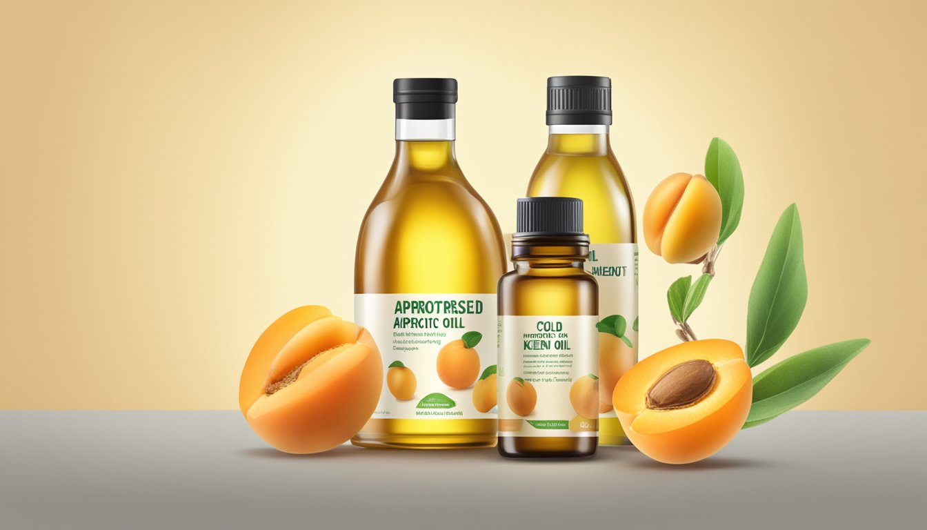 A bottle of cold pressed apricot kernel oil stands next to other oils, with a spotlight highlighting its health benefits